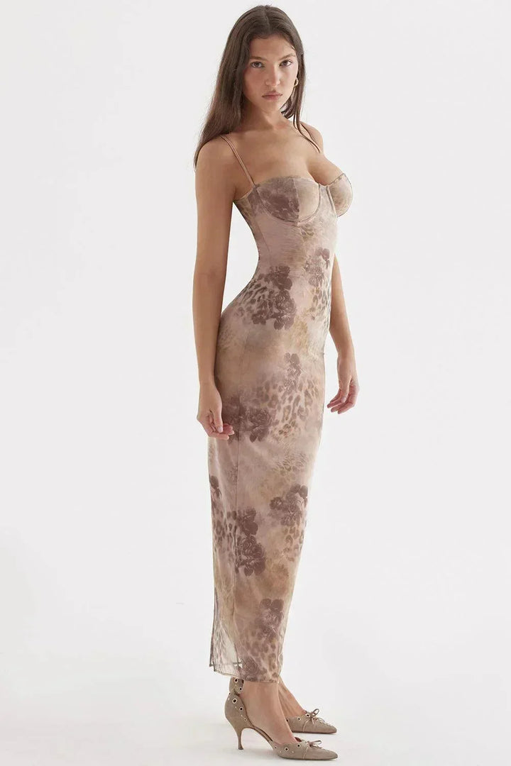 Women's Evening Midi Dress with Strapless Neckline and Floral Print