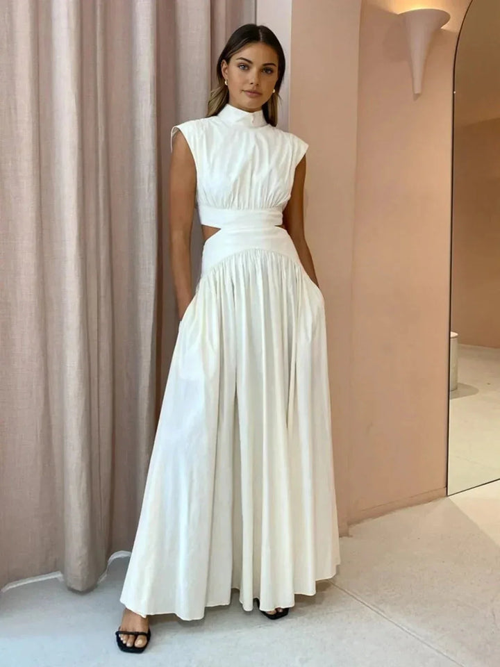 Women's Occasion Maxi Dress with High Neck and Pleated Skirt