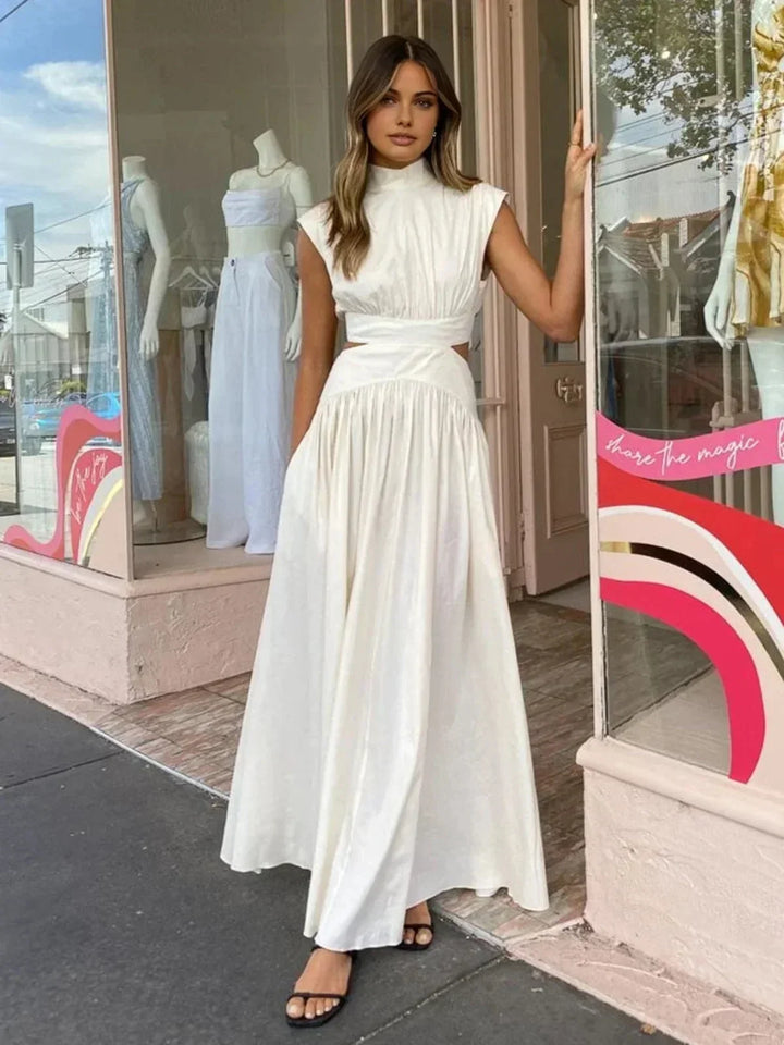 Women's Occasion Maxi Dress with High Neck and Pleated Skirt
