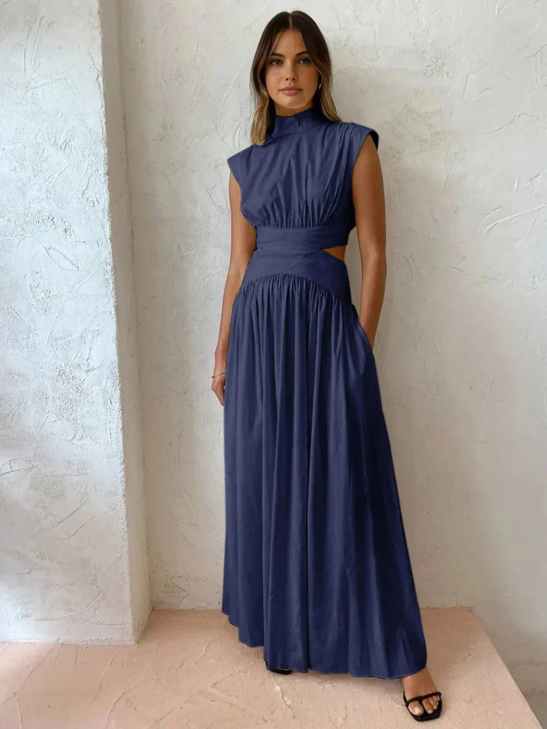Women's Occasion Maxi Dress with High Neck and Pleated Skirt