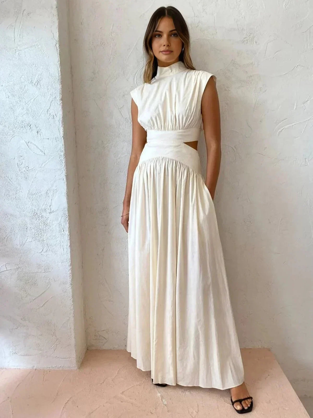 Women's Occasion Maxi Dress with High Neck and Pleated Skirt