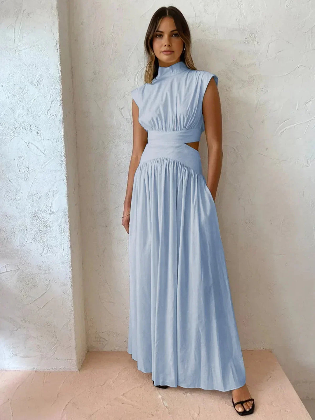 Women's Occasion Maxi Dress with High Neck and Pleated Skirt