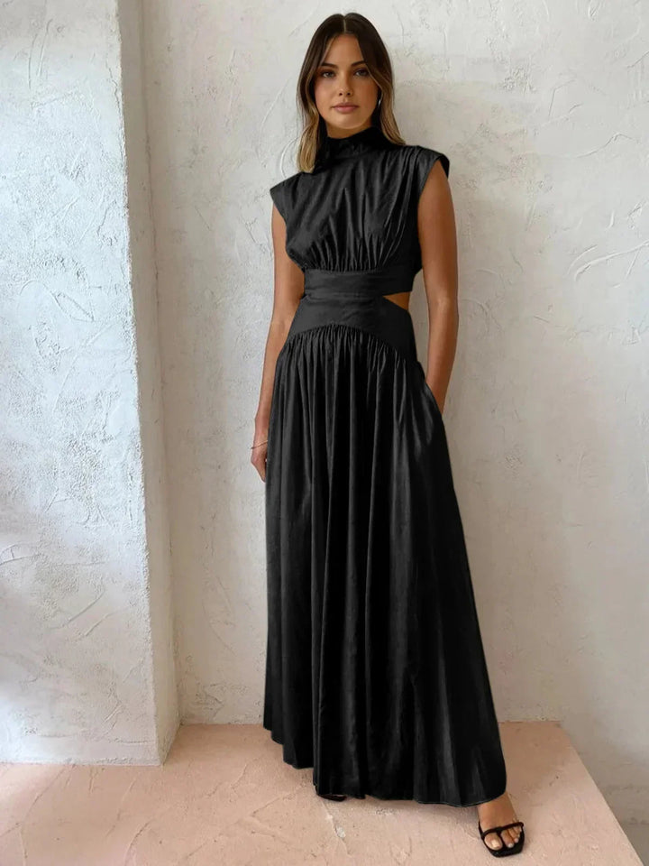 Women's Occasion Maxi Dress with High Neck and Pleated Skirt