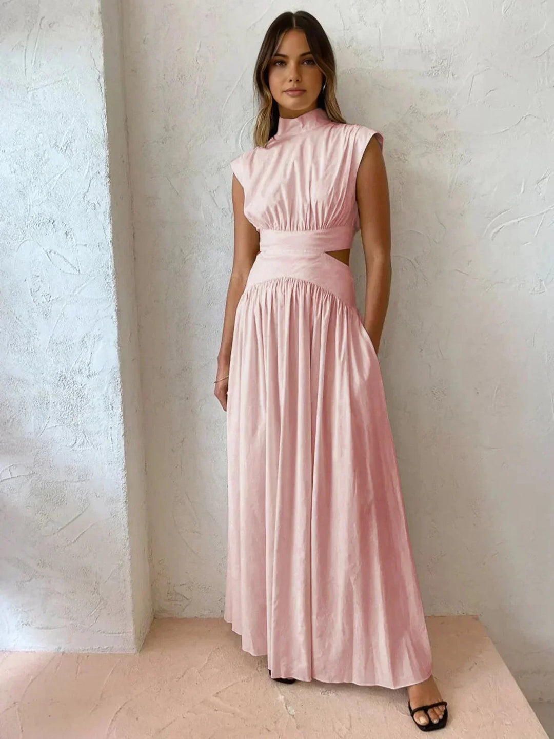 Women's Occasion Maxi Dress with High Neck and Pleated Skirt