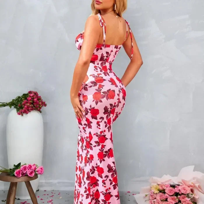 Women's Evening Maxi Dress with Floral Print and Spaghetti Straps