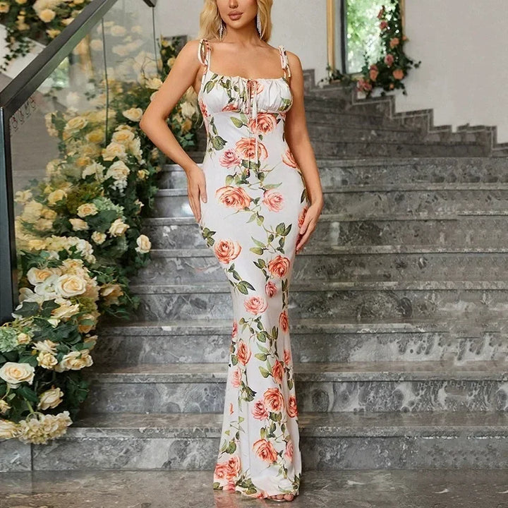 Women's Evening Maxi Dress with Floral Print and Spaghetti Straps