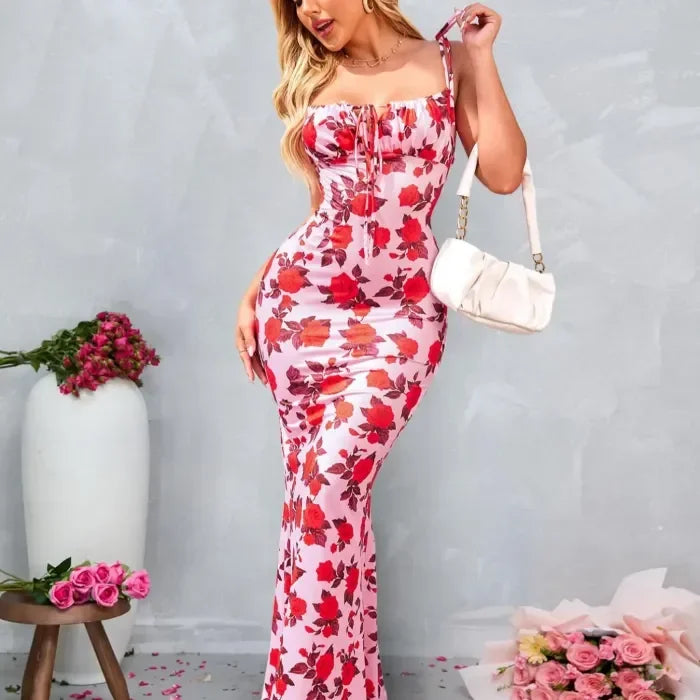 Women's Evening Maxi Dress with Floral Print and Spaghetti Straps