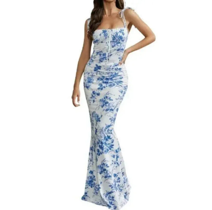 Women's Evening Maxi Dress with Floral Print and Spaghetti Straps