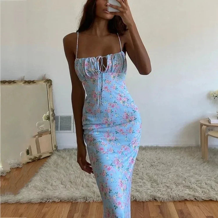 Women's Evening Maxi Dress with Floral Print and Spaghetti Straps