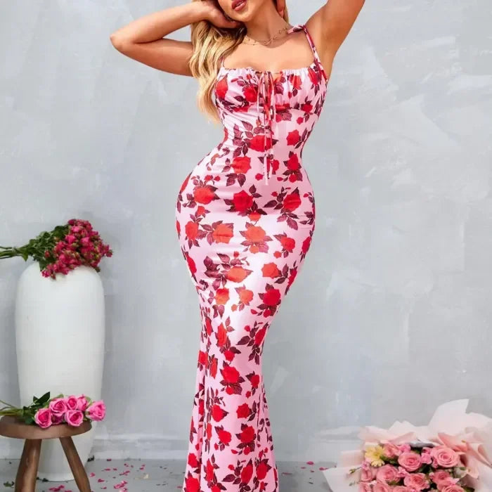 Women's Evening Maxi Dress with Floral Print and Spaghetti Straps