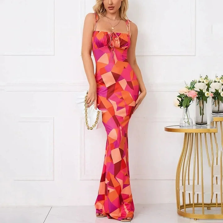 Women's Evening Maxi Dress with Floral Print and Spaghetti Straps