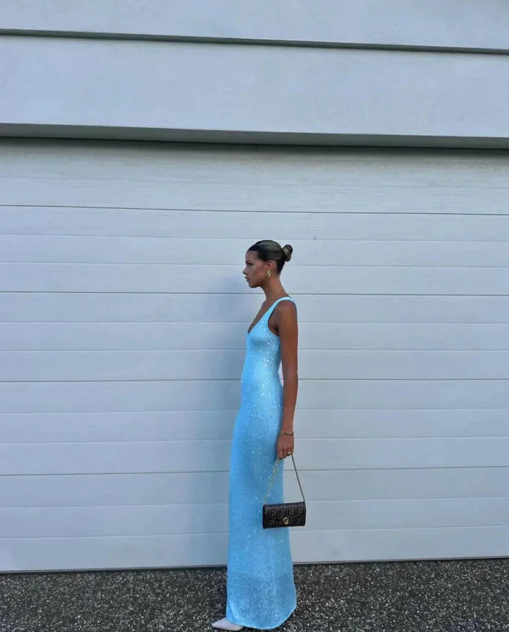 Women's Evening Maxi Dress with Scoop Neck and Sequin Detail