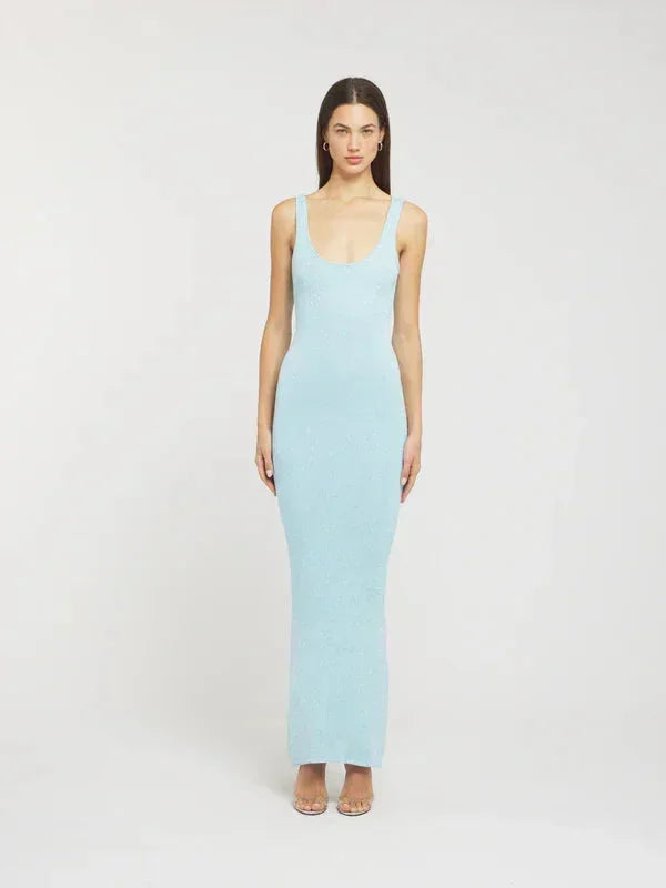 Women's Evening Maxi Dress with Scoop Neck and Sequin Detail