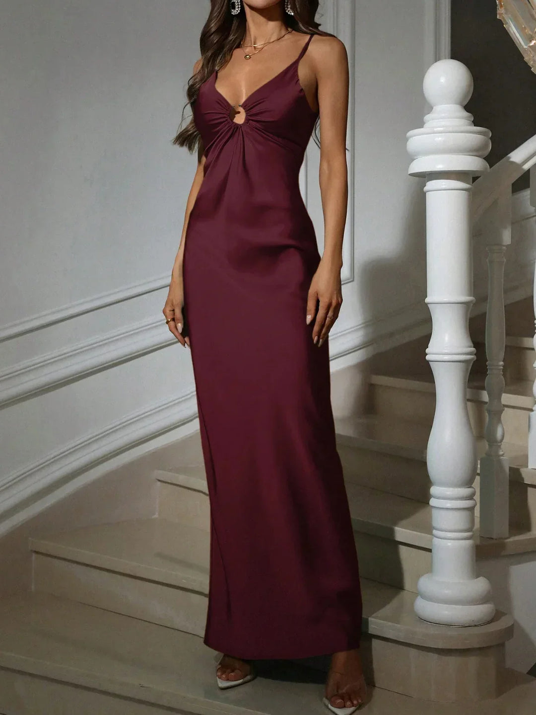 Women's Evening Maxi Dress with Cowl Neck and Spaghetti Straps