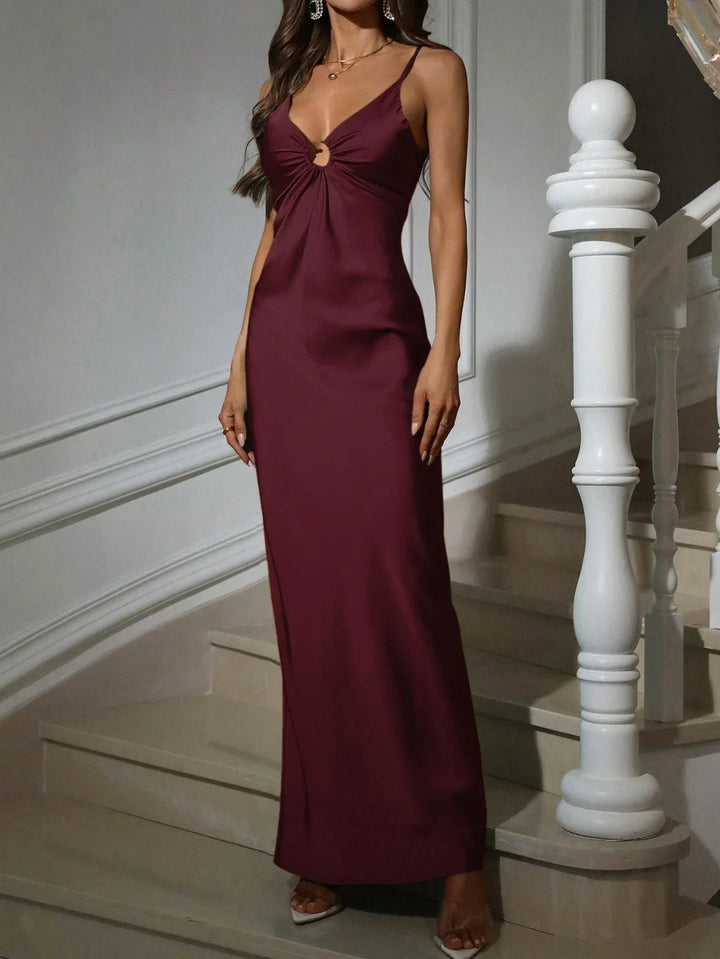 Women's Evening Maxi Dress with Cowl Neck and Spaghetti Straps