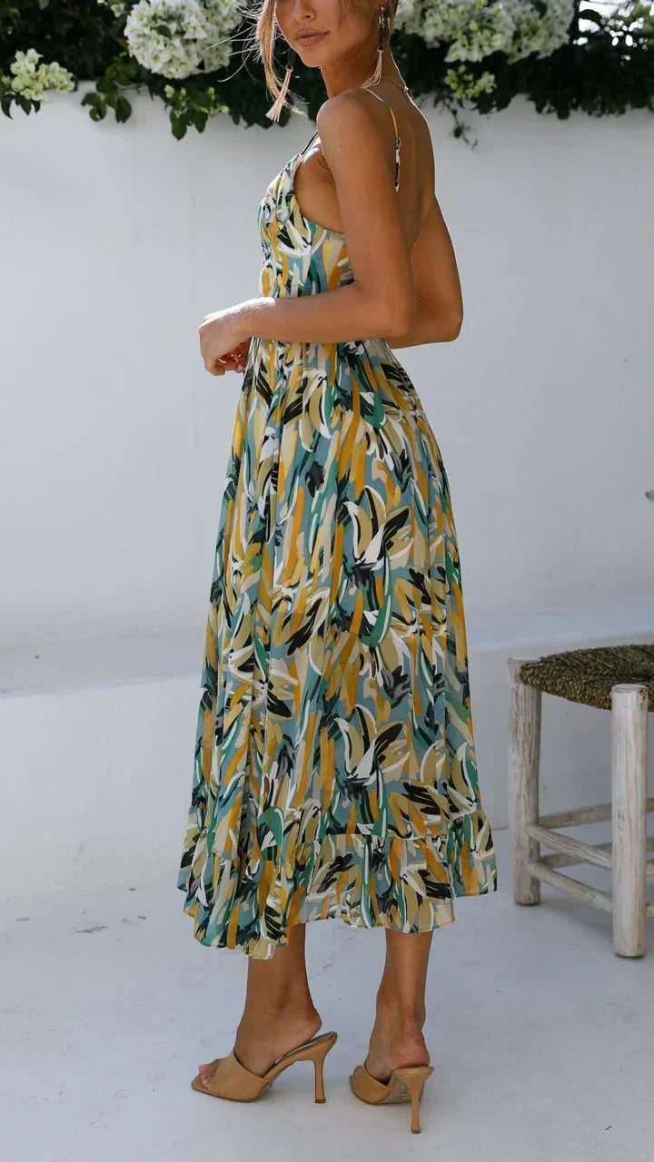 Women's Wedding Guest Floral Midi Dress with Sweetheart Neckline and Side Split