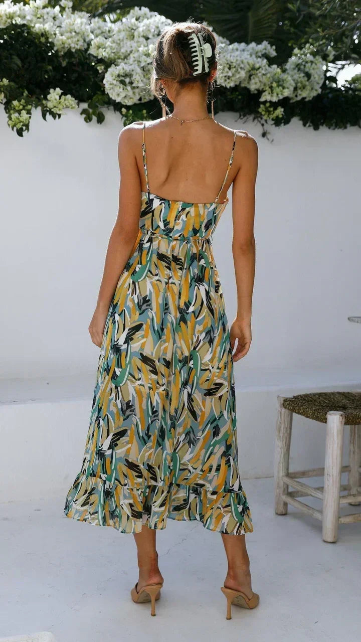 Women's Wedding Guest Floral Midi Dress with Sweetheart Neckline and Side Split