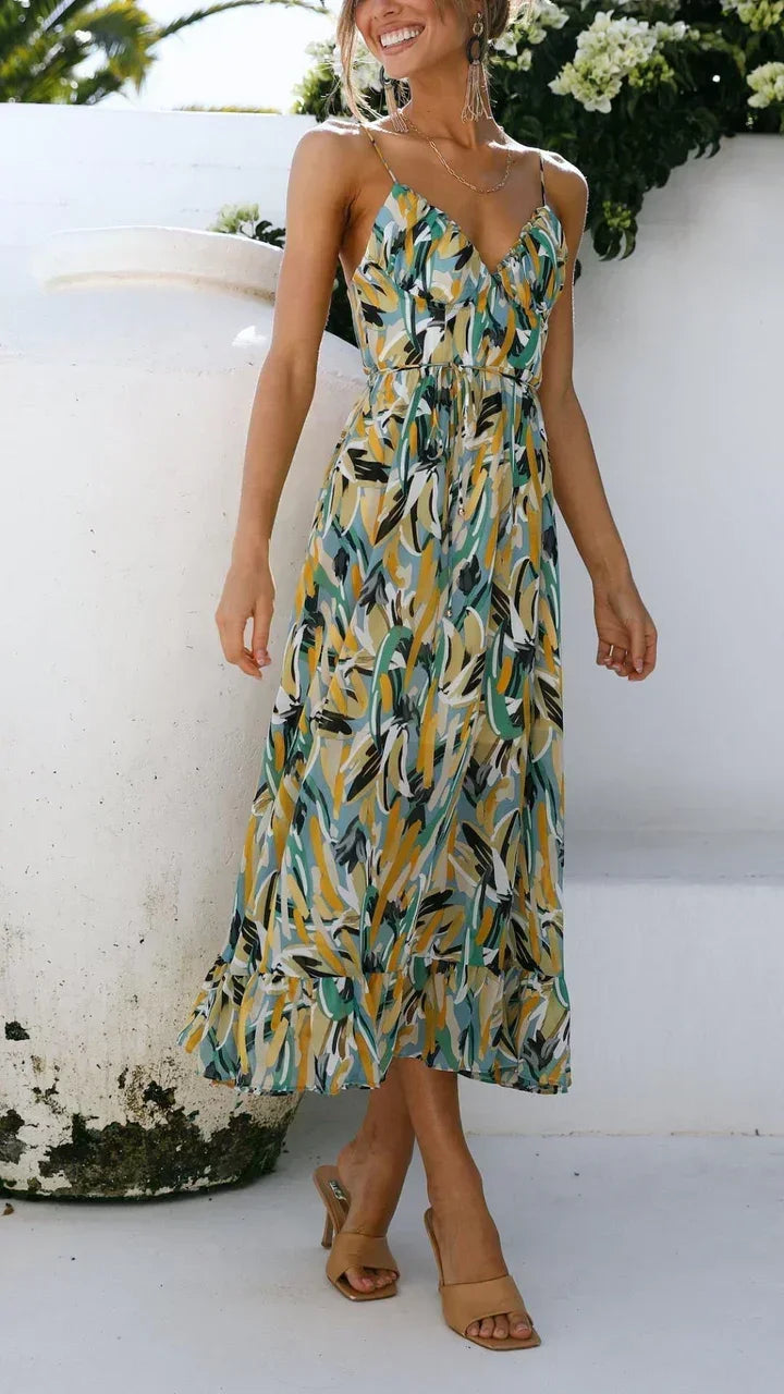 Women's Wedding Guest Floral Midi Dress with Sweetheart Neckline and Side Split