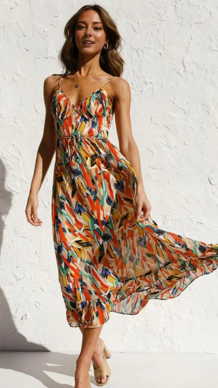 Women's Wedding Guest Floral Midi Dress with Sweetheart Neckline and Side Split