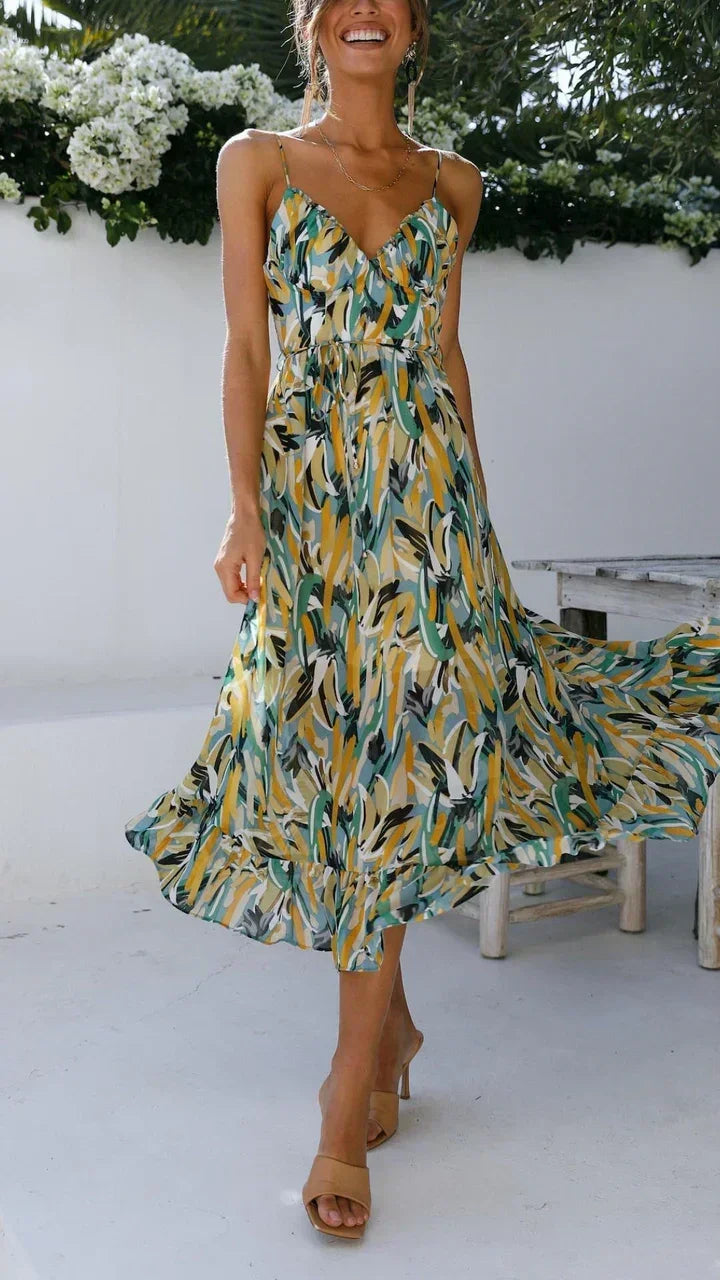 Women's Wedding Guest Floral Midi Dress with Sweetheart Neckline and Side Split