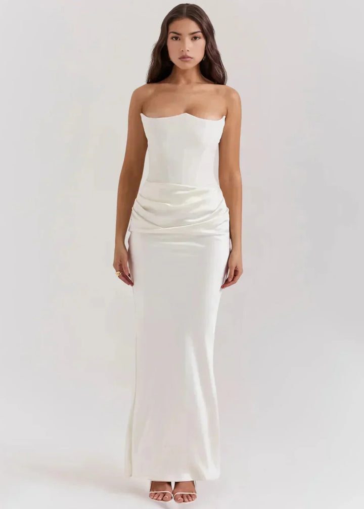 Women's Evening Maxi Dress with Square Neckline and Ruched Detail