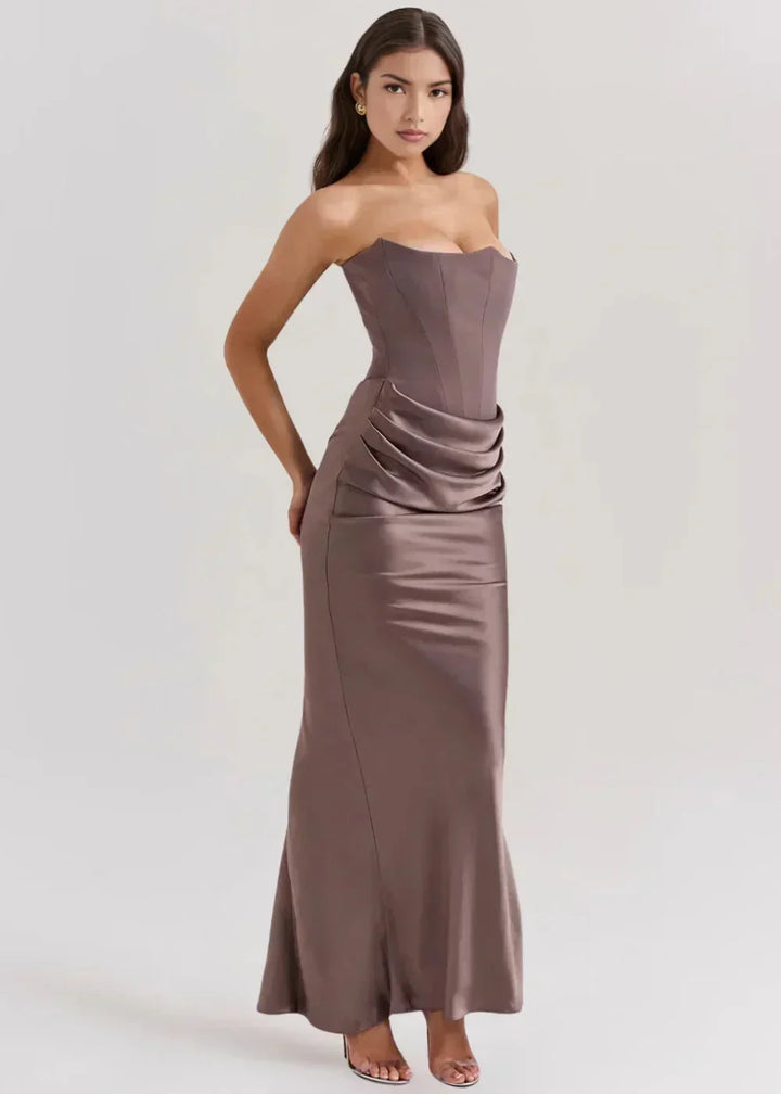 Women's Evening Maxi Dress with Square Neckline and Ruched Detail