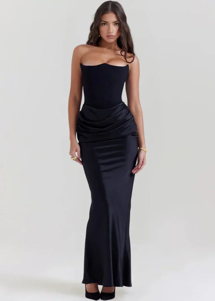 Women's Evening Maxi Dress with Square Neckline and Ruched Detail