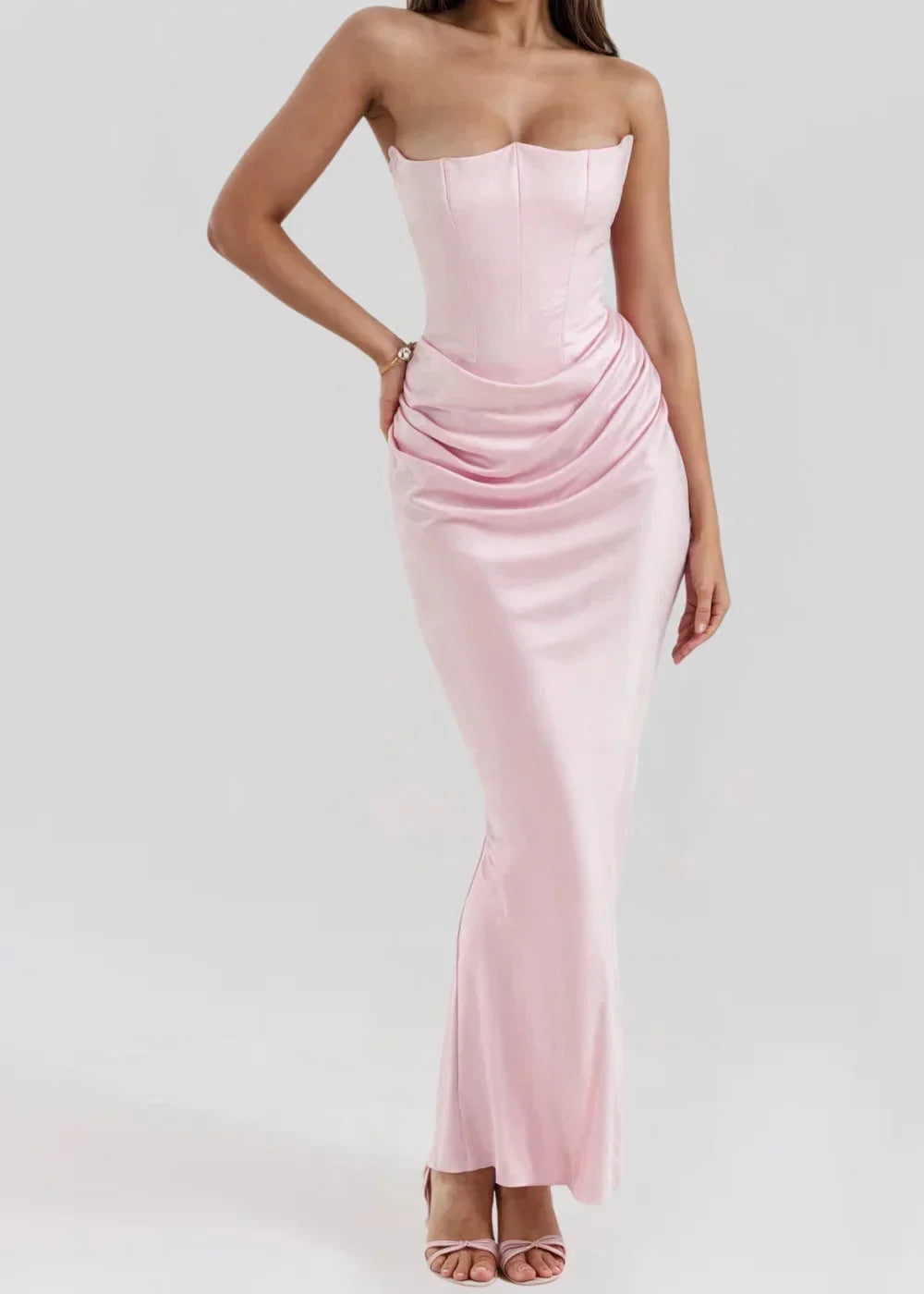 Women's Evening Maxi Dress with Square Neckline and Ruched Detail