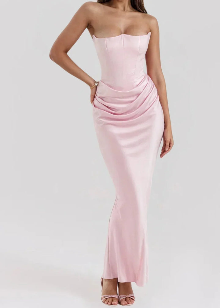 Women's Evening Maxi Dress with Square Neckline and Ruched Detail