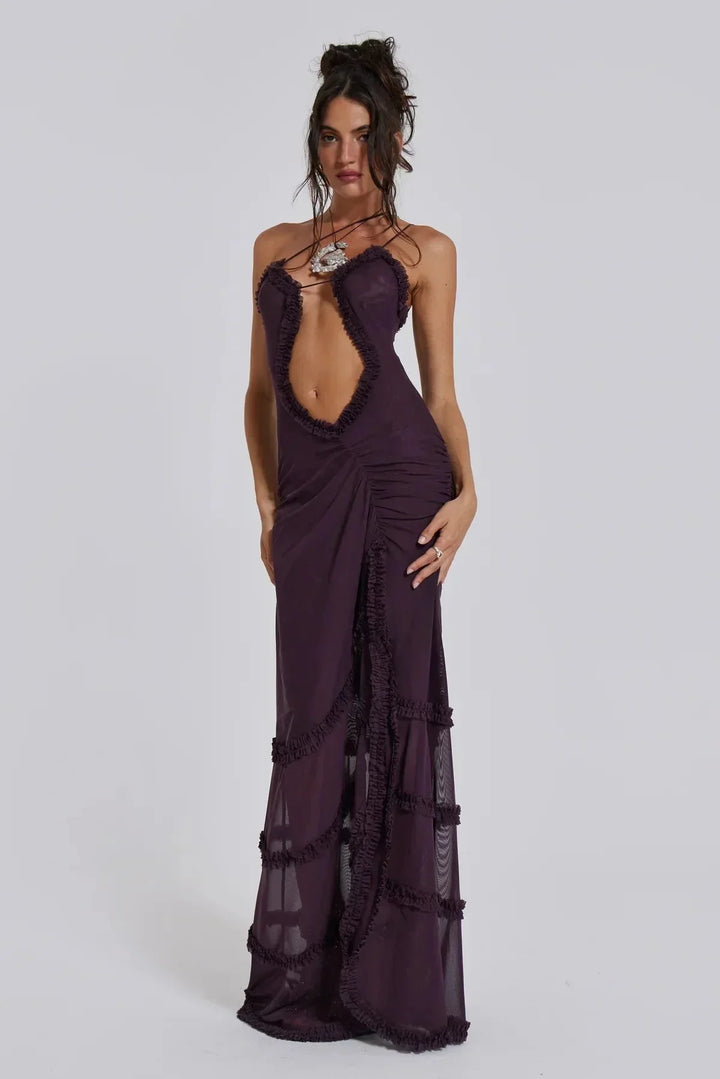 Women's Evening Maxi Dress with Plunge Neckline and Tiered Ruffle Skirt