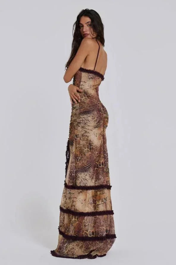Women's Evening Maxi Dress with Plunge Neckline and Tiered Ruffle Skirt