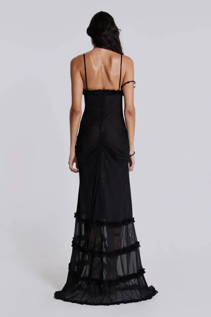 Women's Evening Maxi Dress with Plunge Neckline and Tiered Ruffle Skirt