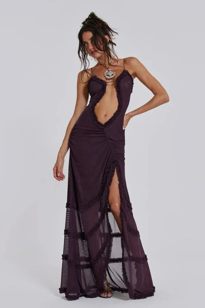 Women's Evening Maxi Dress with Plunge Neckline and Tiered Ruffle Skirt