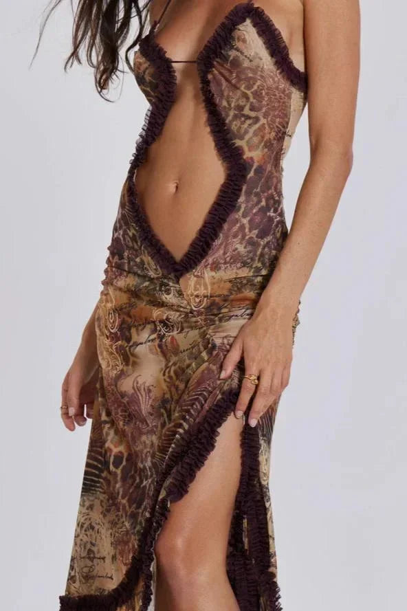 Women's Evening Maxi Dress with Plunge Neckline and Tiered Ruffle Skirt