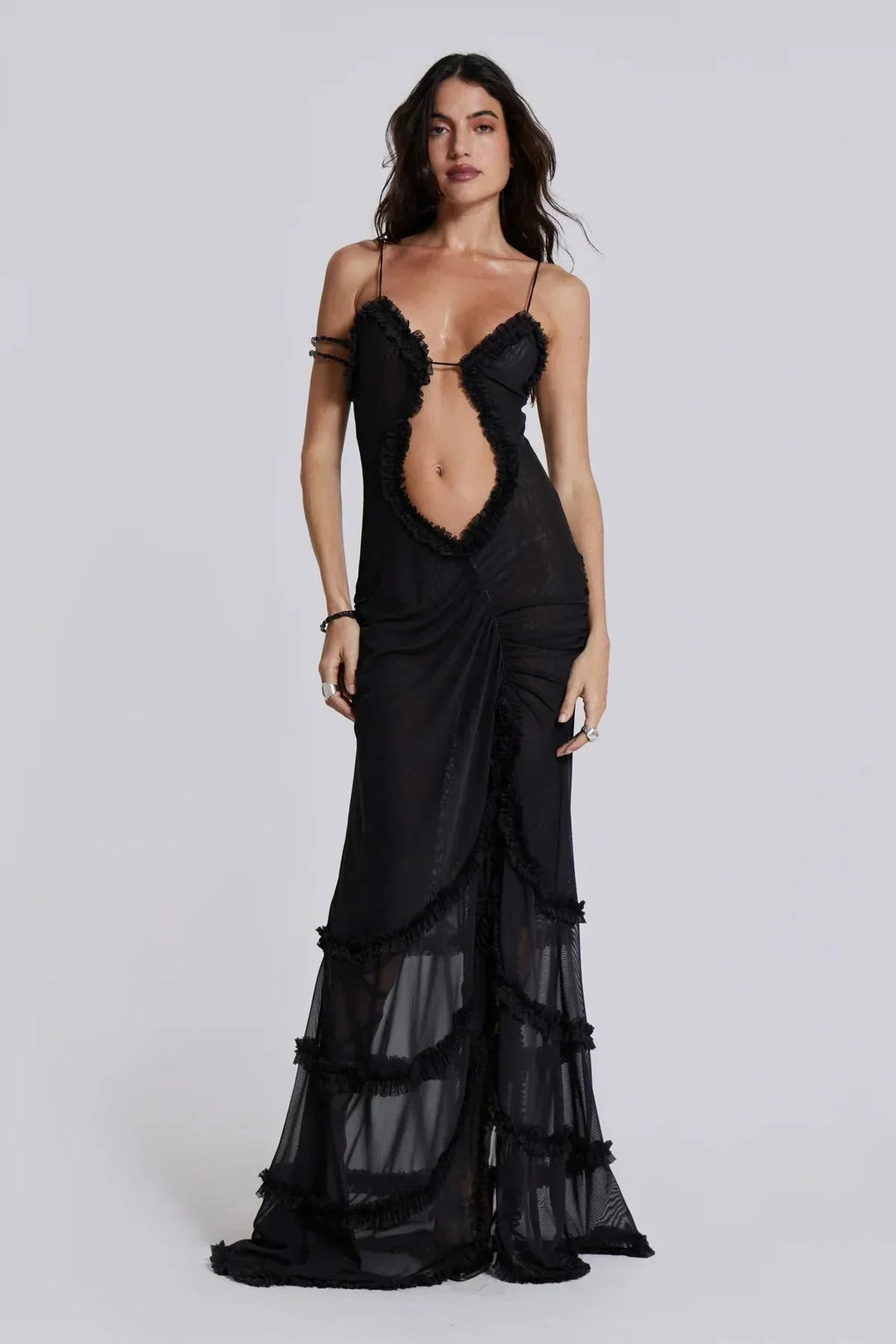 Women's Evening Maxi Dress with Plunge Neckline and Tiered Ruffle Skirt