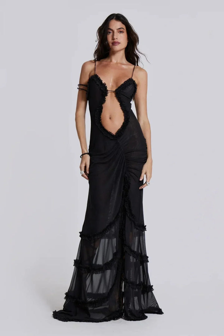 Women's Evening Maxi Dress with Plunge Neckline and Tiered Ruffle Skirt