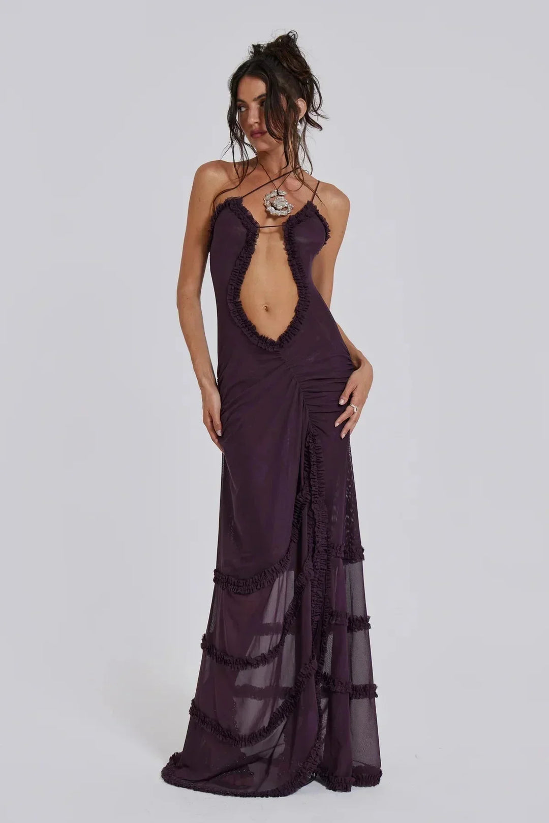 Women's Evening Maxi Dress with Plunge Neckline and Tiered Ruffle Skirt