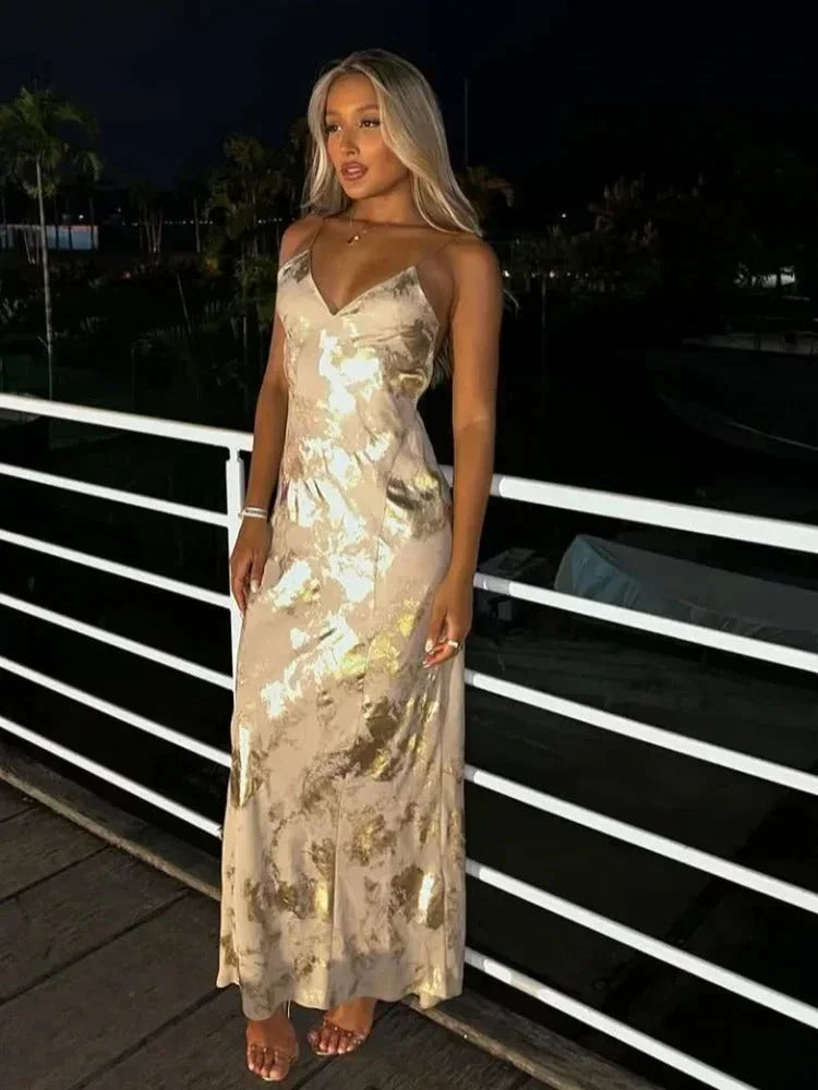Women's Evening Maxi Dress with Floral Appliqué and Spaghetti Straps