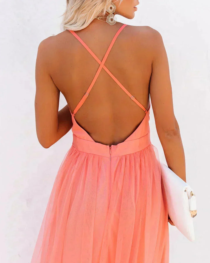 Women's Wedding Guest Maxi Dress with Open Back and Spaghetti Straps