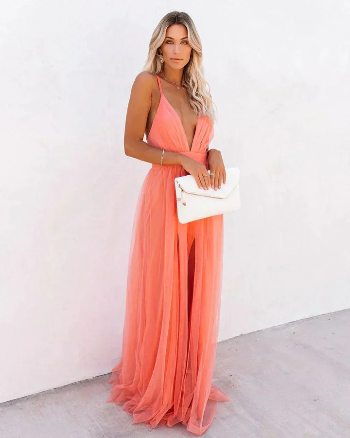 Women's Wedding Guest Maxi Dress with Open Back and Spaghetti Straps