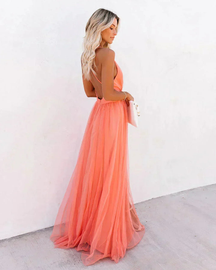 Women's Wedding Guest Maxi Dress with Open Back and Spaghetti Straps