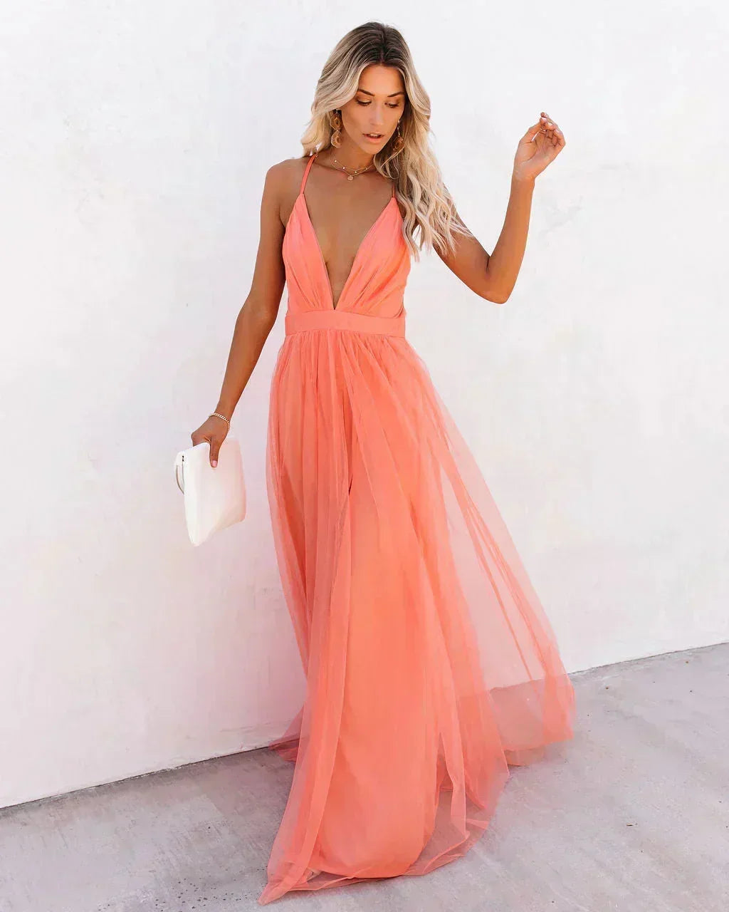 Women's Wedding Guest Maxi Dress with Open Back and Spaghetti Straps