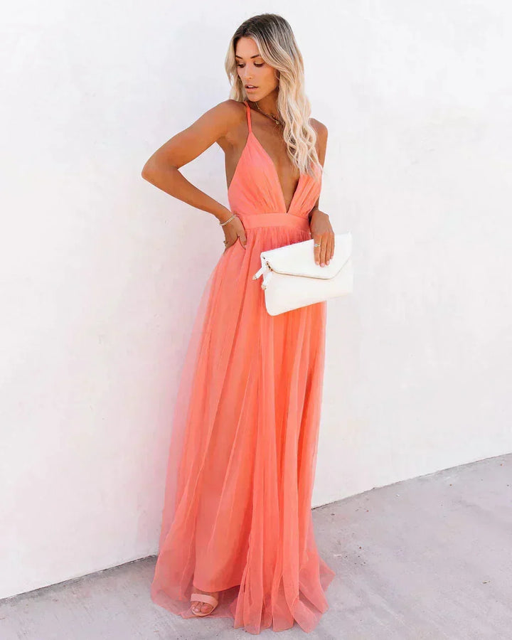 Women's Wedding Guest Maxi Dress with Open Back and Spaghetti Straps