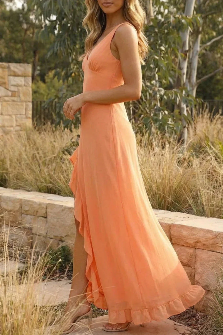 Women's Wedding Guest Maxi Dress with V Neck and Side Split