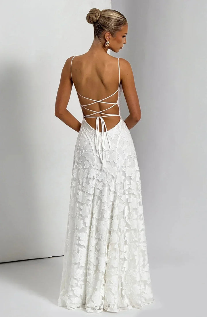 Women's Wedding Guest Floral Maxi Dress with Strapless Bustier and Lace Up Back