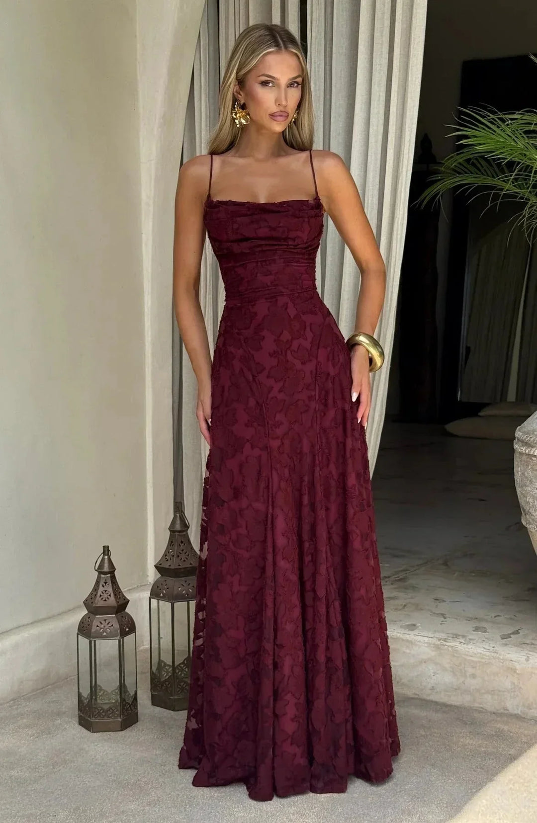 Women's Wedding Guest Floral Maxi Dress with Strapless Bustier and Lace Up Back