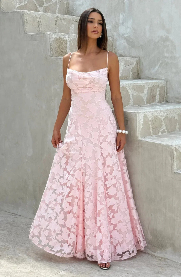 Women's Wedding Guest Floral Maxi Dress with Strapless Bustier and Lace Up Back