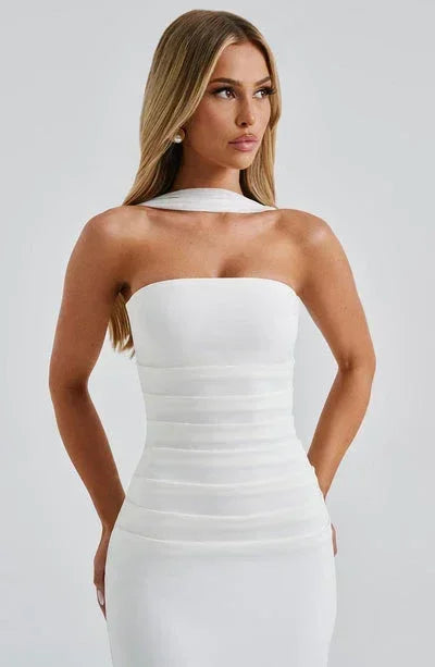 Women's Evening Maxi Dress with Strapless Neckline and Side Split