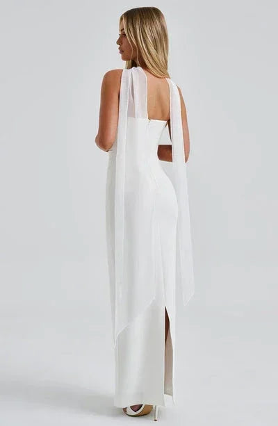 Women's Evening Maxi Dress with Strapless Neckline and Side Split