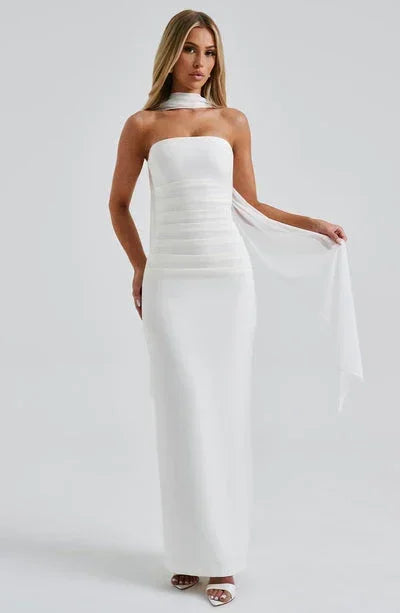 Women's Evening Maxi Dress with Strapless Neckline and Side Split